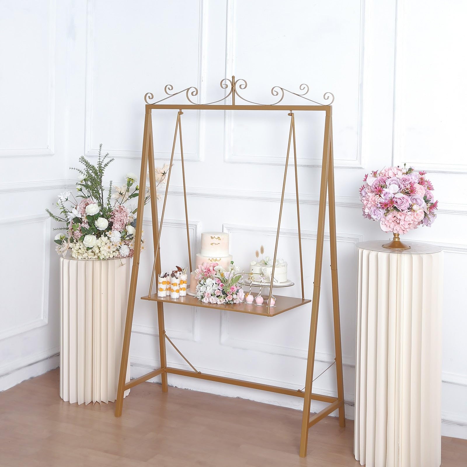 TABLECLOTHSFACTORY 6ft Tall Gold Metal Unique Hanging Dessert Display Swing Floor Stand, Elegant Cake Serving Station