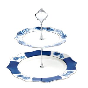 Linlins Fine Bone China 2-Tier Cake Stand/Blue Tropical Plant Cupcake Stand/Pastry Serving Cake Stand