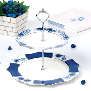 Linlins Fine Bone China 2-Tier Cake Stand/Blue Tropical Plant Cupcake Stand/Pastry Serving Cake Stand