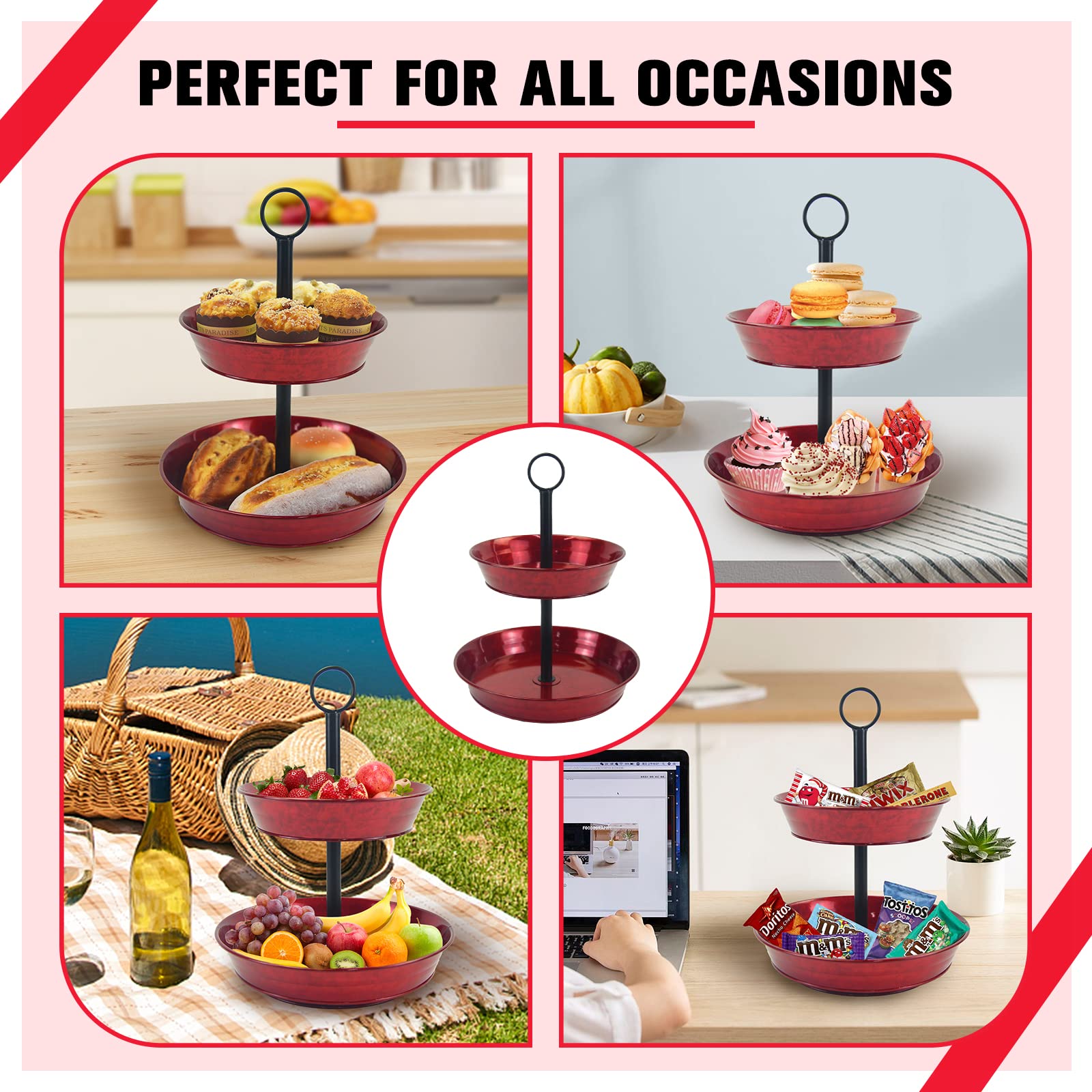 LF Likefair Red 2 Tiered Serving Stand Tray, Lazy Susan, Cake Stands Cupcake Holder,360° Rotation Dessert Stand Table Decorations for Party Wedding Home Decor