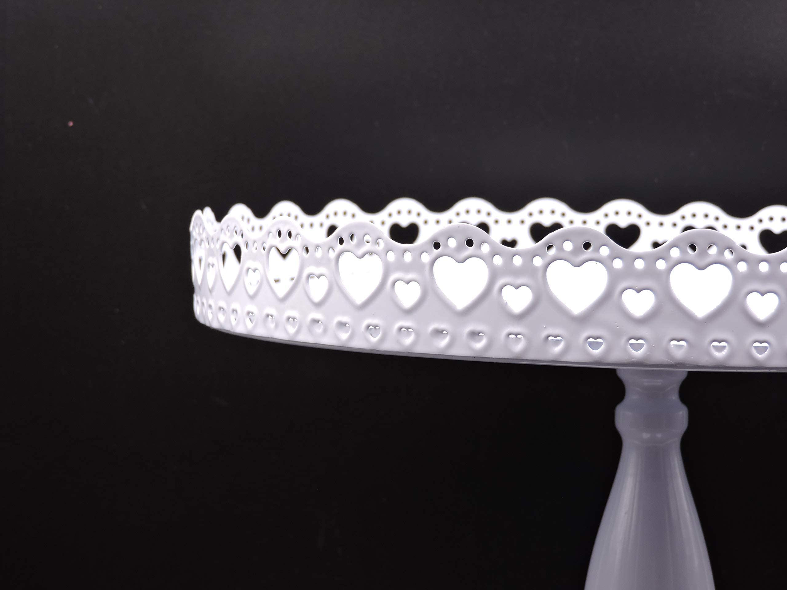 hadaaya 12 Inches White Metal Footed Cake Stand with Hearts Shape Border, Dessert Display Stand, Serving Plate, Pedestal stand for a Birthday party, Weddings, Baby Shower. Christmas Holiday Gifts