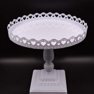 hadaaya 12 Inches White Metal Footed Cake Stand with Hearts Shape Border, Dessert Display Stand, Serving Plate, Pedestal stand for a Birthday party, Weddings, Baby Shower. Christmas Holiday Gifts