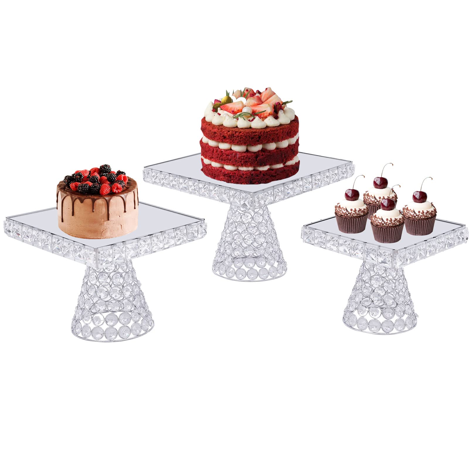 3 Piece Dessert Stand Cake Plate,Crystal Plated Cheese Dessert Cupcake Cake Stand with Mirror Plate-Silver Square