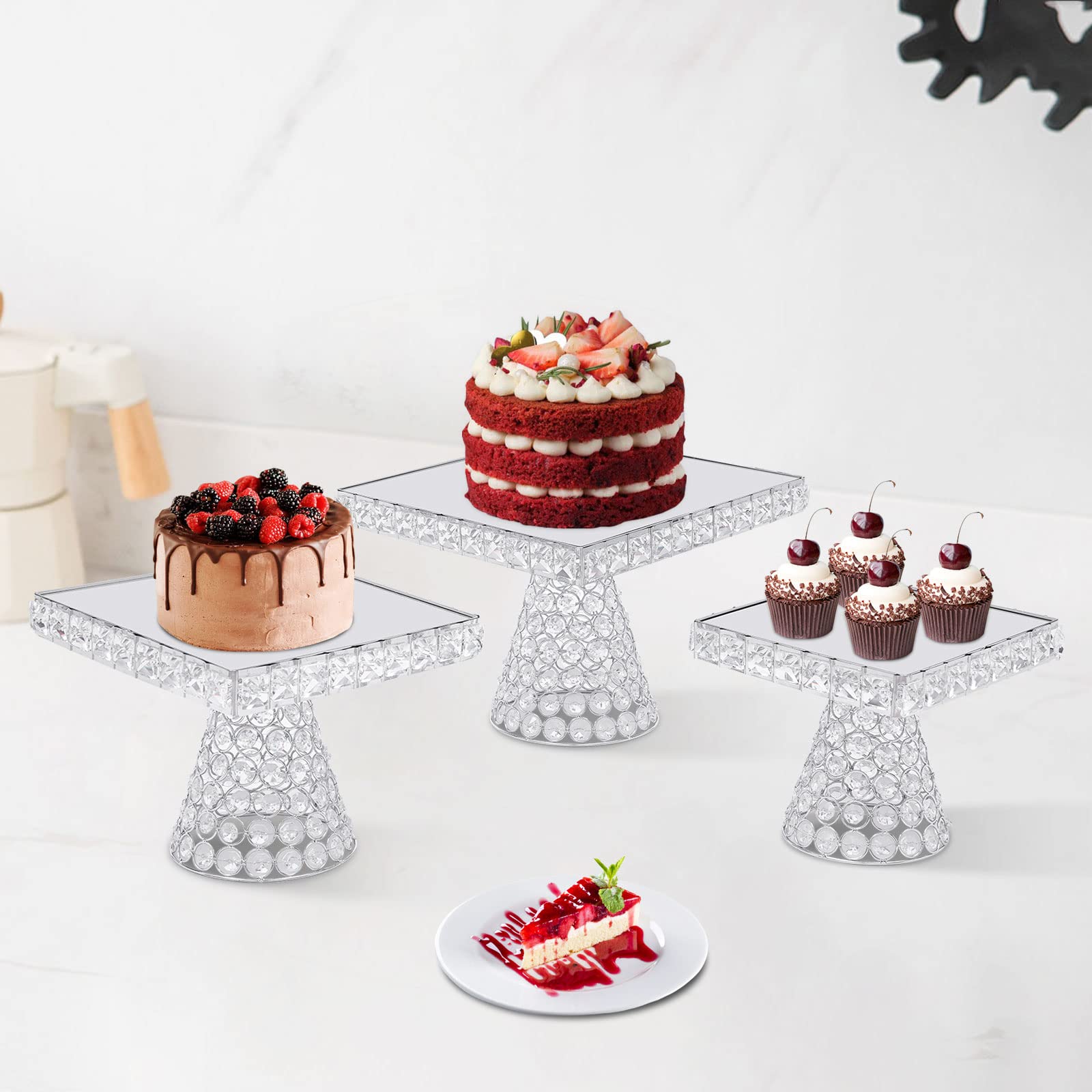 3 Piece Dessert Stand Cake Plate,Crystal Plated Cheese Dessert Cupcake Cake Stand with Mirror Plate-Silver Square