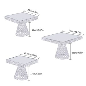 3 Piece Dessert Stand Cake Plate,Crystal Plated Cheese Dessert Cupcake Cake Stand with Mirror Plate-Silver Square