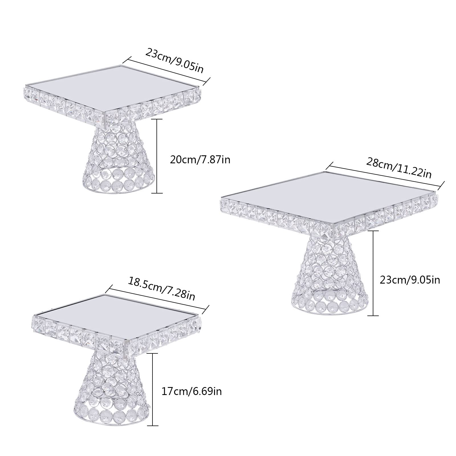 3 Piece Dessert Stand Cake Plate,Crystal Plated Cheese Dessert Cupcake Cake Stand with Mirror Plate-Silver Square