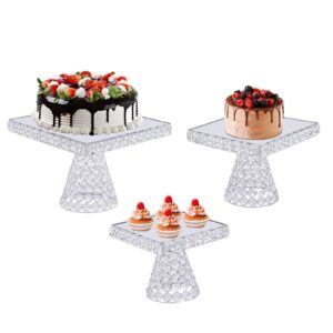 3 Piece Dessert Stand Cake Plate,Crystal Plated Cheese Dessert Cupcake Cake Stand with Mirror Plate-Silver Square