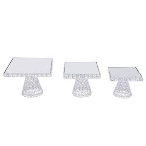 3 Piece Dessert Stand Cake Plate,Crystal Plated Cheese Dessert Cupcake Cake Stand with Mirror Plate-Silver Square