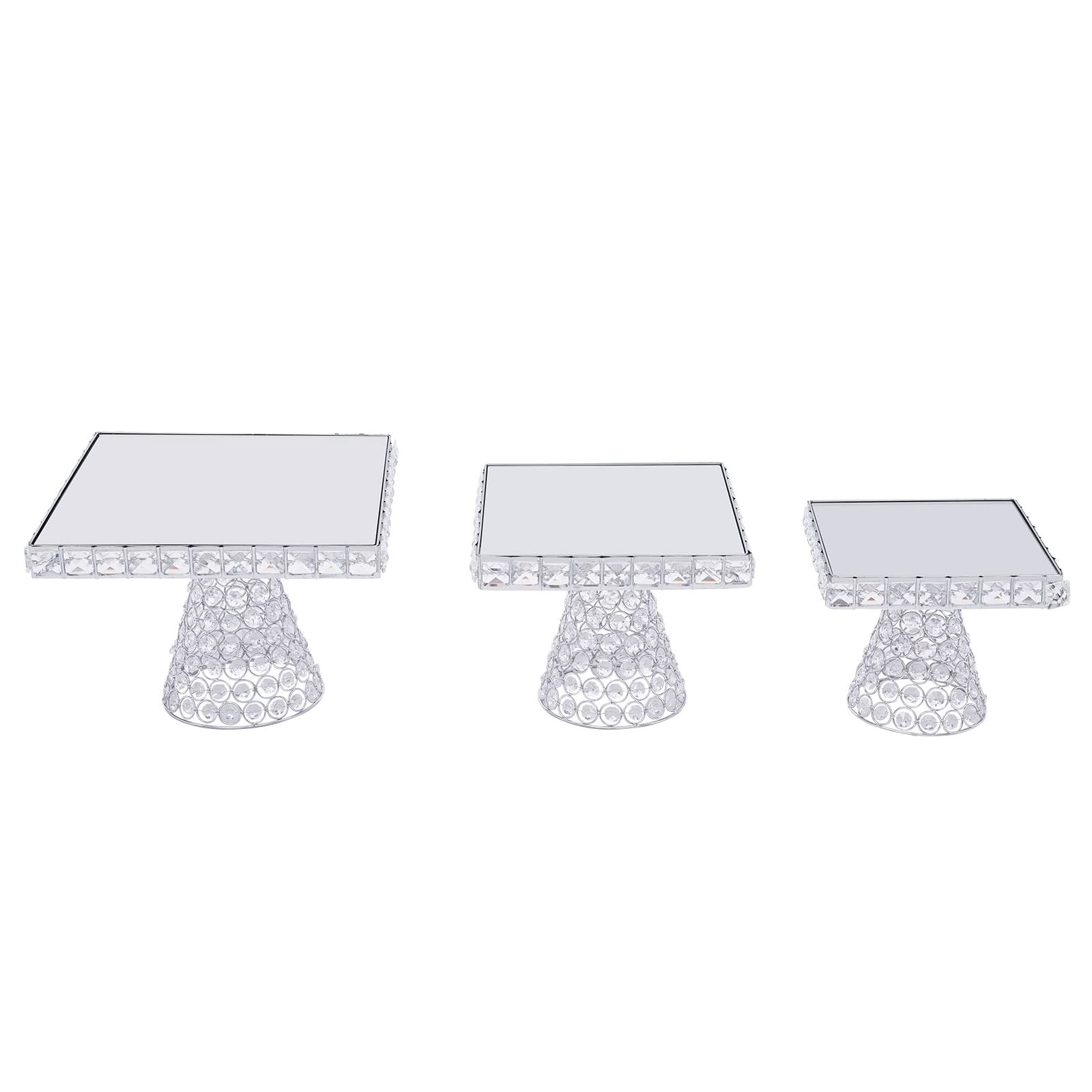 3 Piece Dessert Stand Cake Plate,Crystal Plated Cheese Dessert Cupcake Cake Stand with Mirror Plate-Silver Square