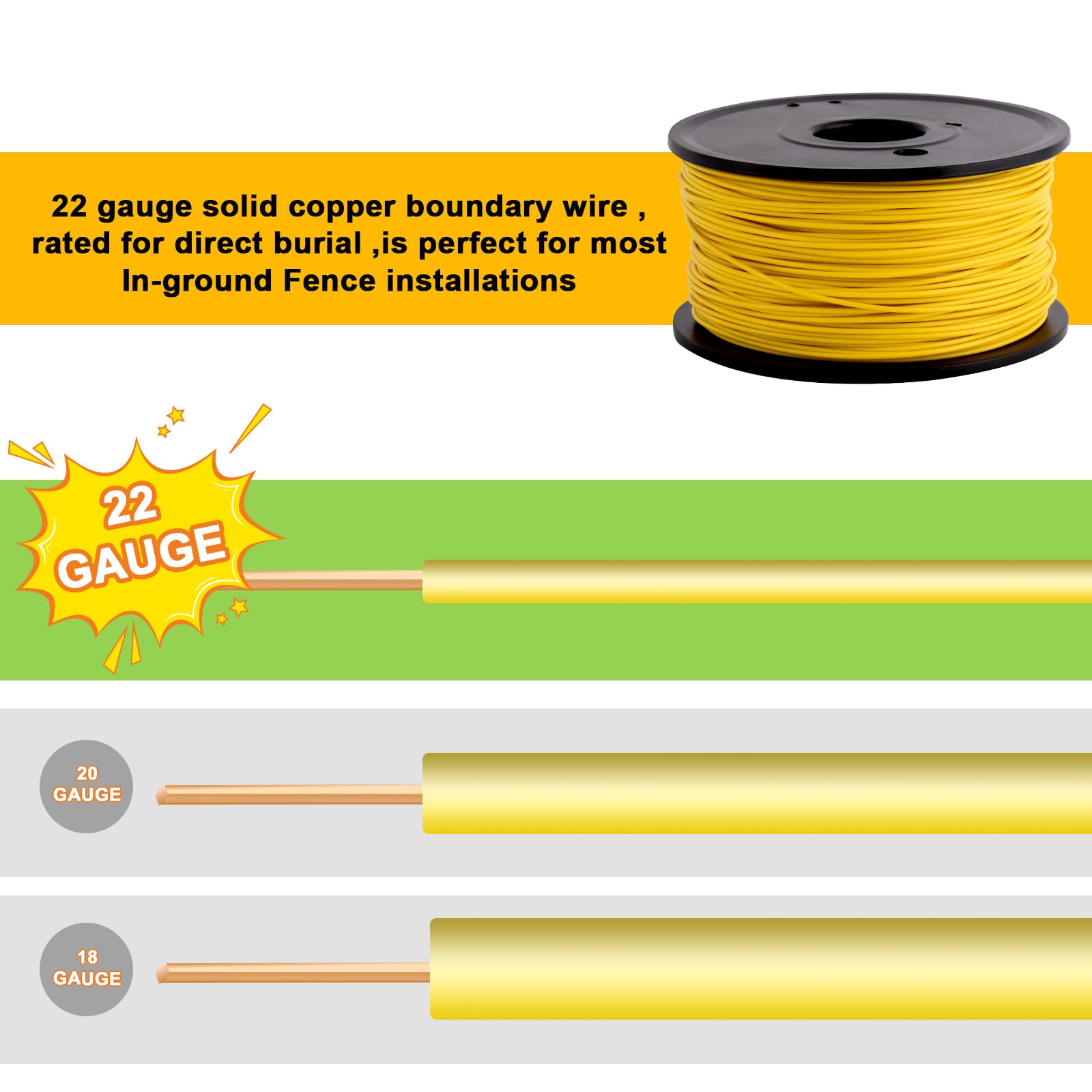 Boundary Wire 22 Gauge 500 Feet Electric Dog Fence Wire, Underground Dog Fence Wire, Extra or Replacement Wire to Extend Your Fence Boundary and All Other Underground Dog Fences Compatible (YELLOW)