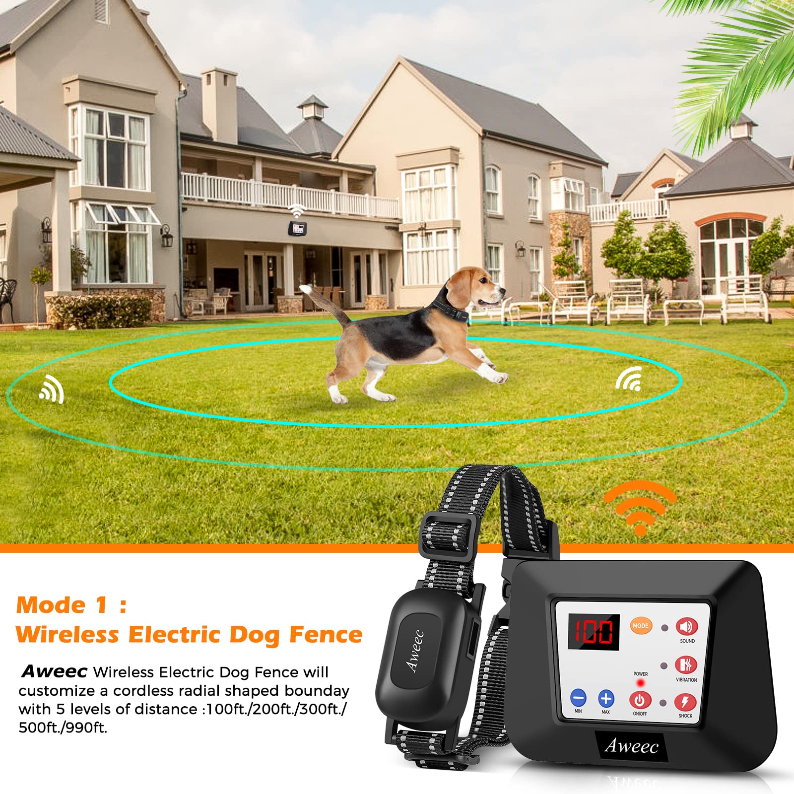 Aweec Wireless Dog Fence, 2-in-1 Electric Dog Fence & Training Collar with Remote, 2023 Pet Containment System, Dog Boundary Container,Suitable & Harmless for Small/Medium/Large Dogs