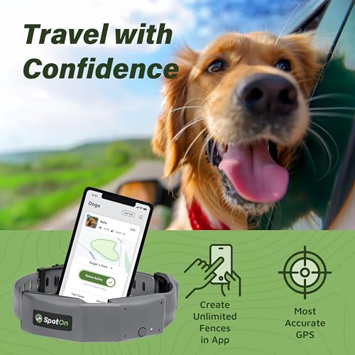 SpotOn GPS Dog Fence, App Based Wireless Dog Fence Collar, Waterproof, Reliable 128 Satellite Network GPS Dog Fence System, Battery Powered Virtual Dog GPS Tracker for All Terrain Large/AT&T