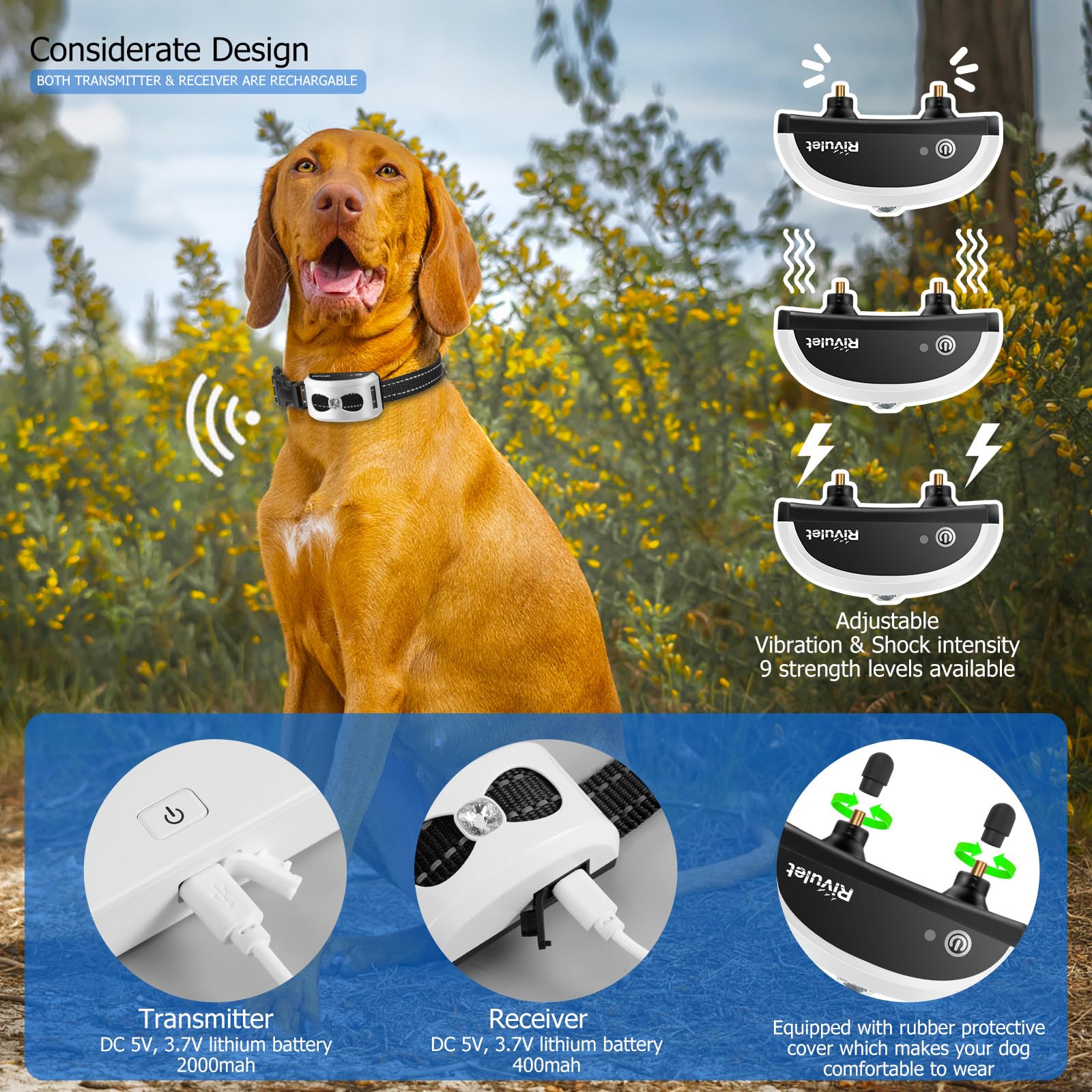 Rivulet Electric Wireless Dog Fence System Electric Dog Fence Training Collar w/Remote 2-in-1, Dog Containment Fence,Adjustable Vibration&Shock Rechargeable Pet Fence for Small Medium Large Dogs
