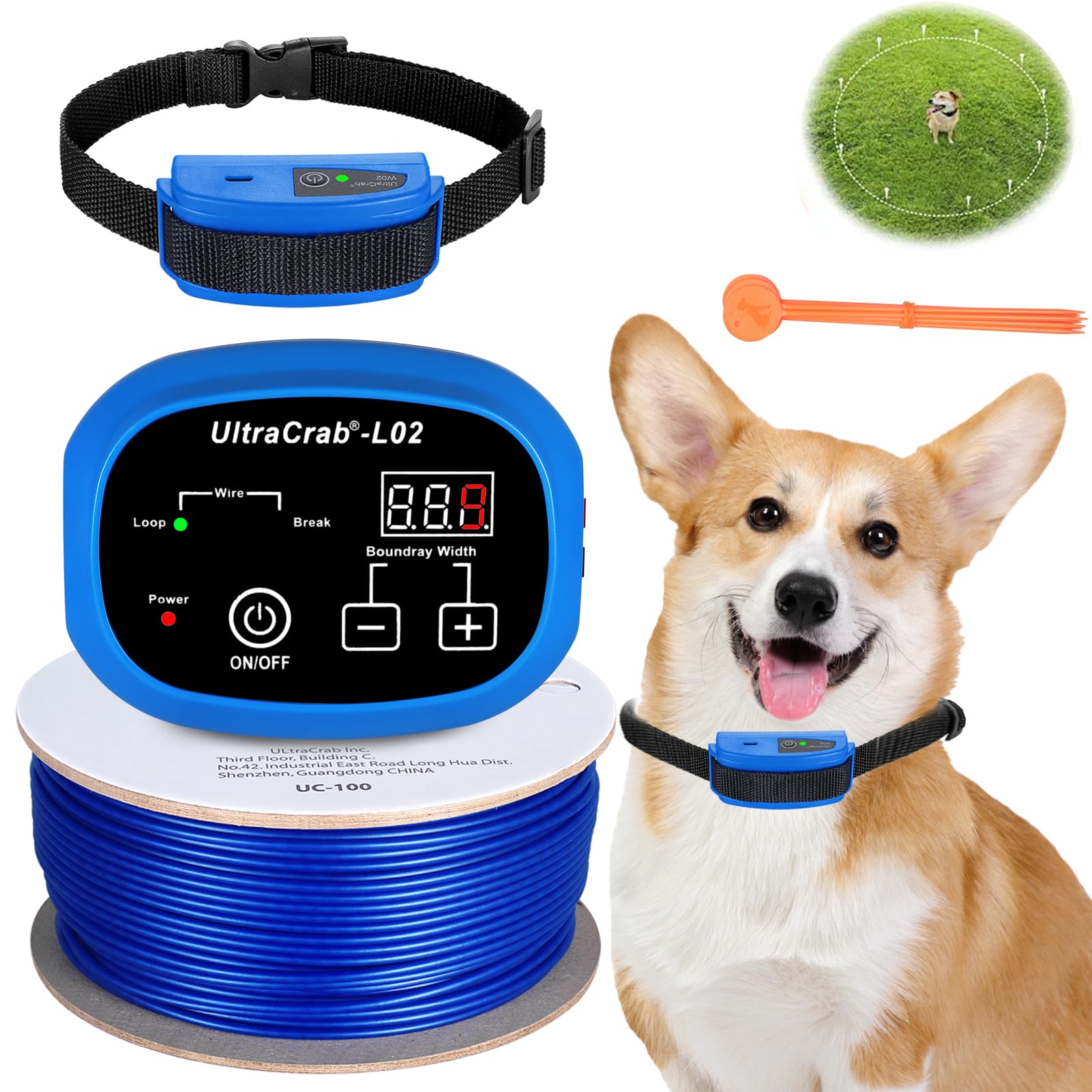 UltraCrab Transmitter for Electric Dog Fence - Underground Dog Fence Containment System, In-Ground Pet Fence Wire Covers up to 2/5 Acre for Dog Over 15lb, Tone/Static Correction, Blue