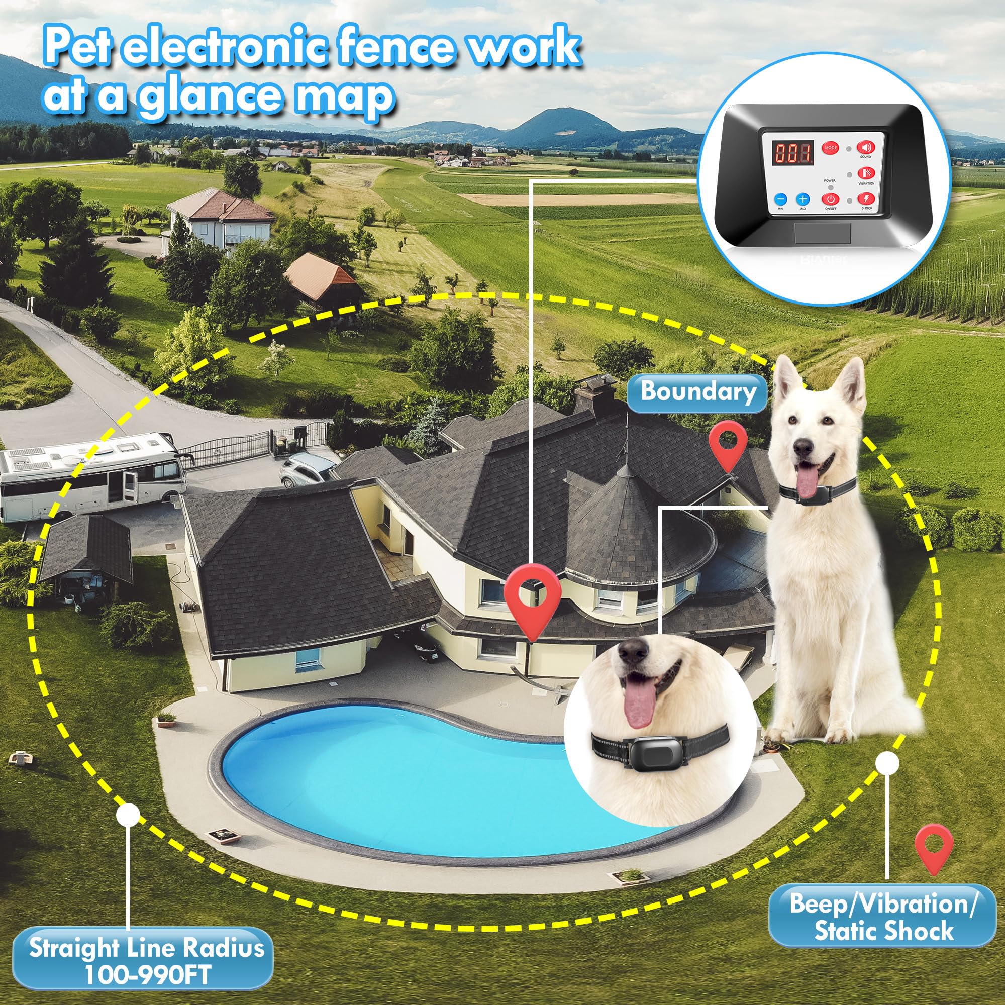 Rivulet Electric Wireless Dog Fence System Electric Dog Fence Pet Fence Wireless, 2-in-1 Dog Boundary Containment System&Rechargeable Shock Training Collar Range 990FT for Small Medium Large Dogs