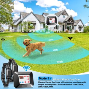 Rivulet Electric Wireless Dog Fence System Electric Dog Fence Pet Fence Wireless, 2-in-1 Dog Boundary Containment System&Rechargeable Shock Training Collar Range 990FT for Small Medium Large Dogs
