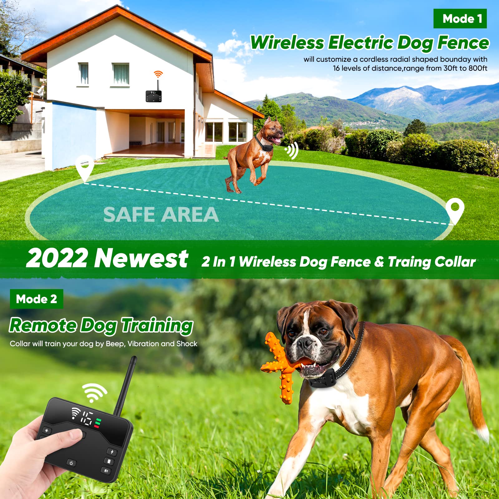 Wireless Dog Fence,2023 Wireless Boundary Containment System,2-in-1 Electric Dog Fence & Remote Training Collar,Adjustable Vibration & Shock,IP65 Waterproof Training Collar for Large and Medium Dogs