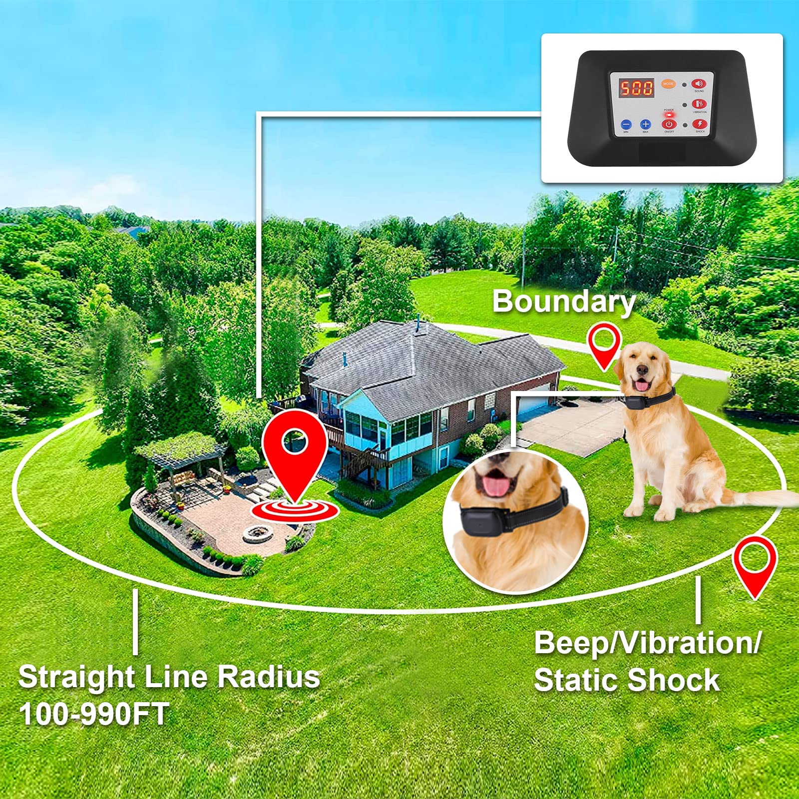 Moclever Wireless Dog Fence System Electric Dog Fence Training Collar with Remote 2 in 1, Dog Boundary Containment System Range 990ft, IPX6 Waterproof & Rechargeable,for Small Medium Large Dogs