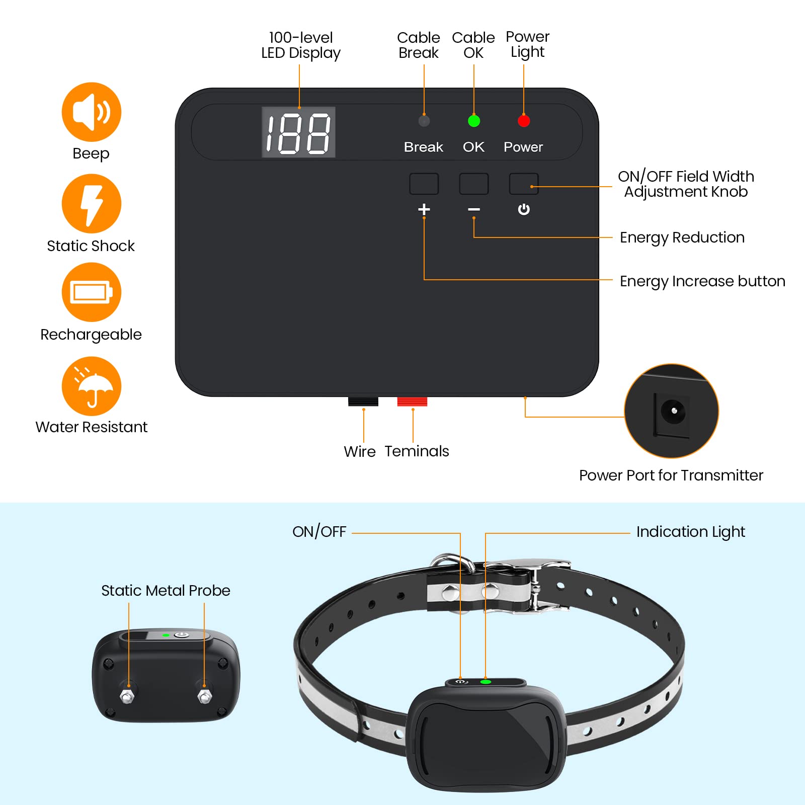 MASBRILL Electric Fence for Dogs, 2023 Upgraded Underground Above Ground Electric Dog Fence Pet Containment System with Waterproof Rechargeable Training Collar, Tone/Shock Correction (Black)