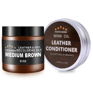 leather recoloring balm with mink oil leather conditioner, leather repair kit for couches, medium brown leather dye for furniture, car seat, sofa, shoes, vinyl