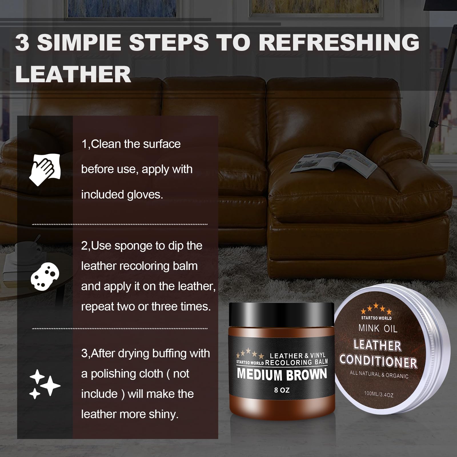 Leather Recoloring Balm with Mink Oil Leather Conditioner, Leather Repair Kit for Couches, Medium Brown Leather Dye for Furniture, Car Seat, Sofa, Shoes, Vinyl