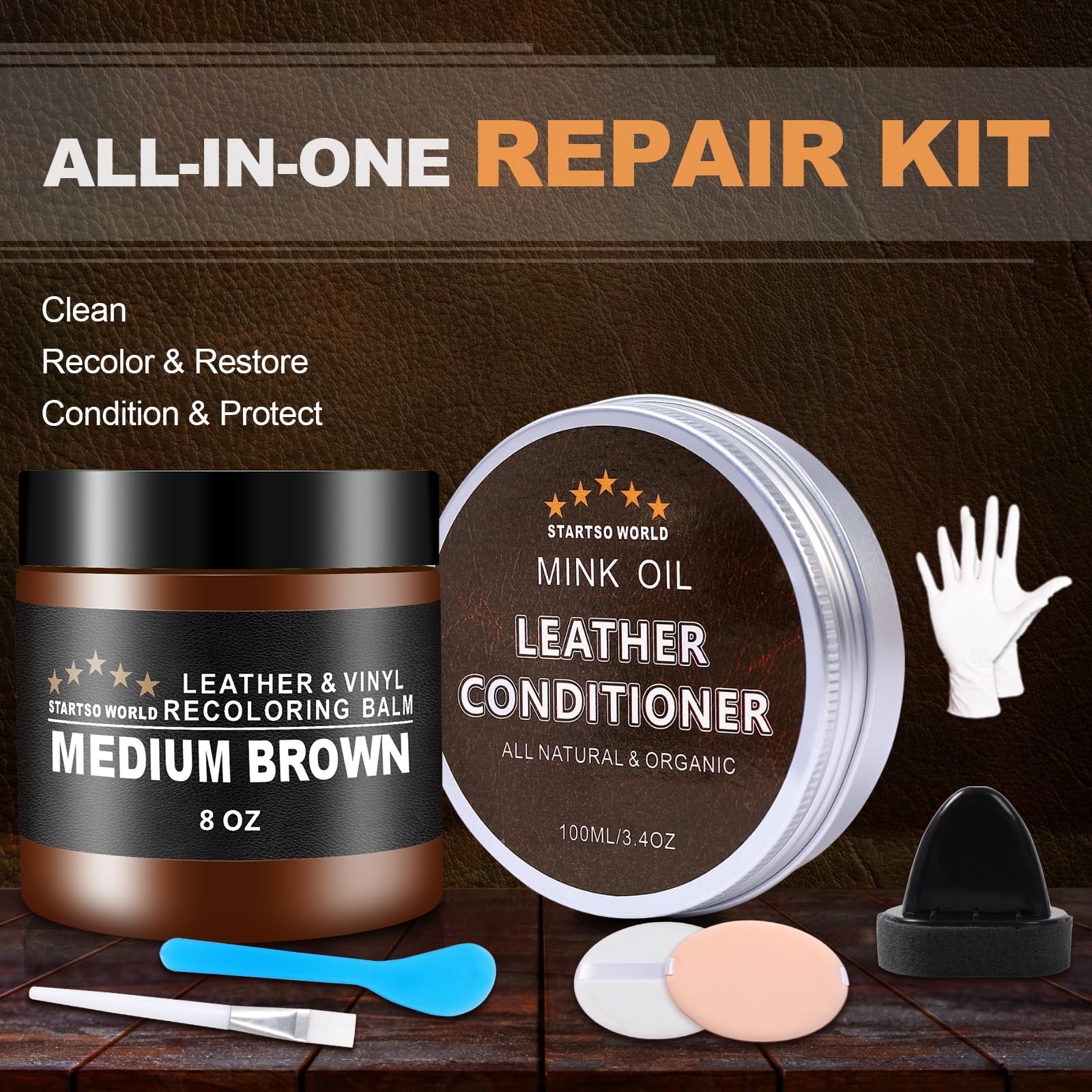 Leather Recoloring Balm with Mink Oil Leather Conditioner, Leather Repair Kit for Couches, Medium Brown Leather Dye for Furniture, Car Seat, Sofa, Shoes, Vinyl