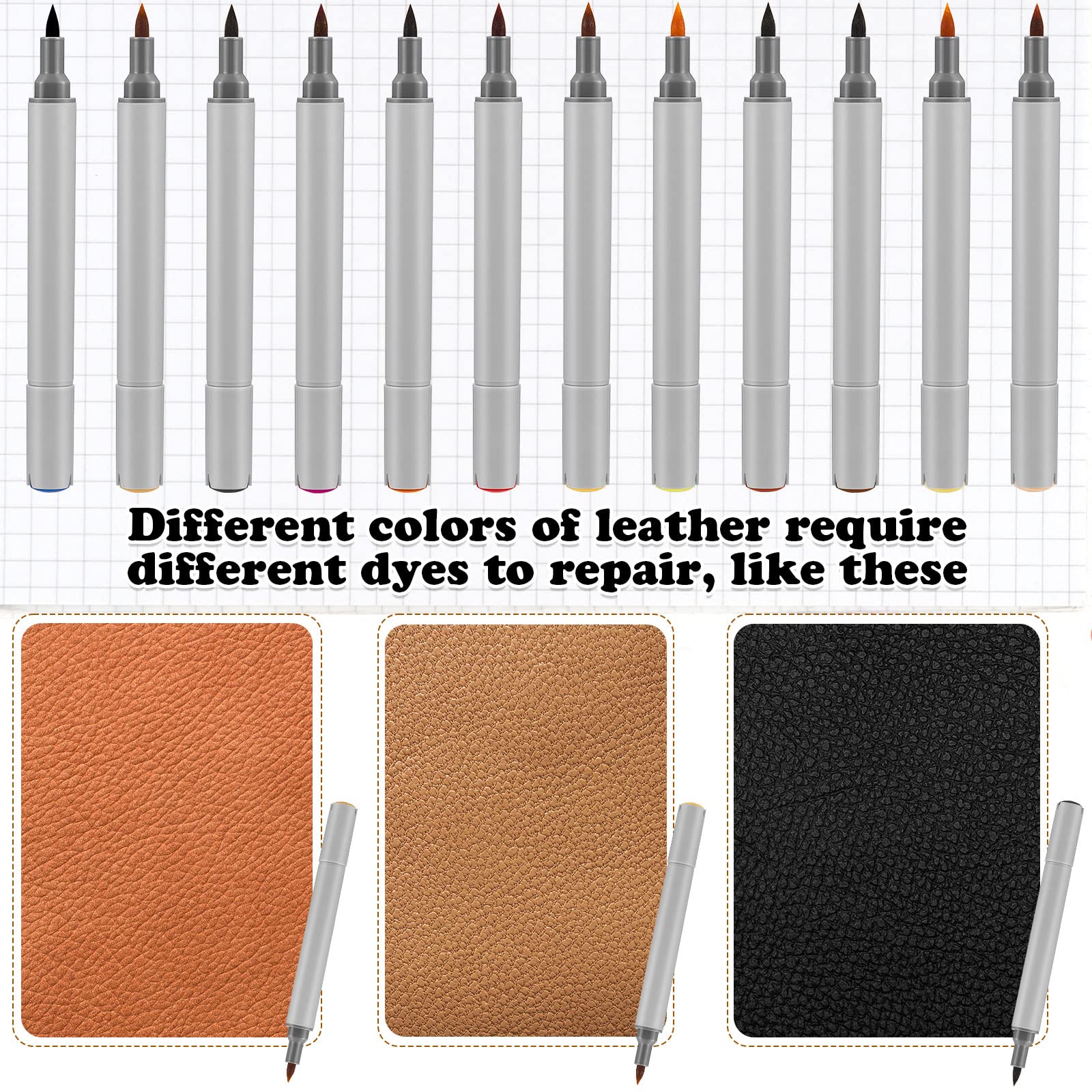 Teling 12 Packs Leather Dye Marker Pens Shoe Marker Leather Dual Tip Leather Touch up Pen for Repair Shoe Leather, 12 Colors