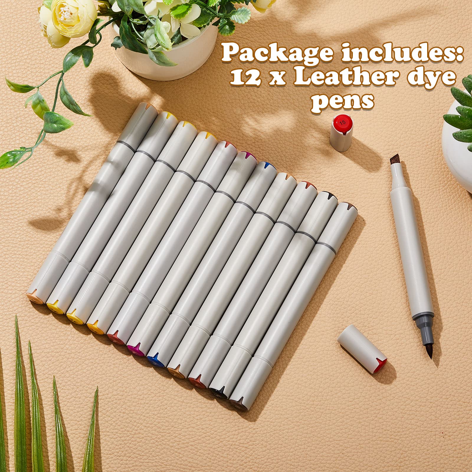 Teling 12 Packs Leather Dye Marker Pens Shoe Marker Leather Dual Tip Leather Touch up Pen for Repair Shoe Leather, 12 Colors