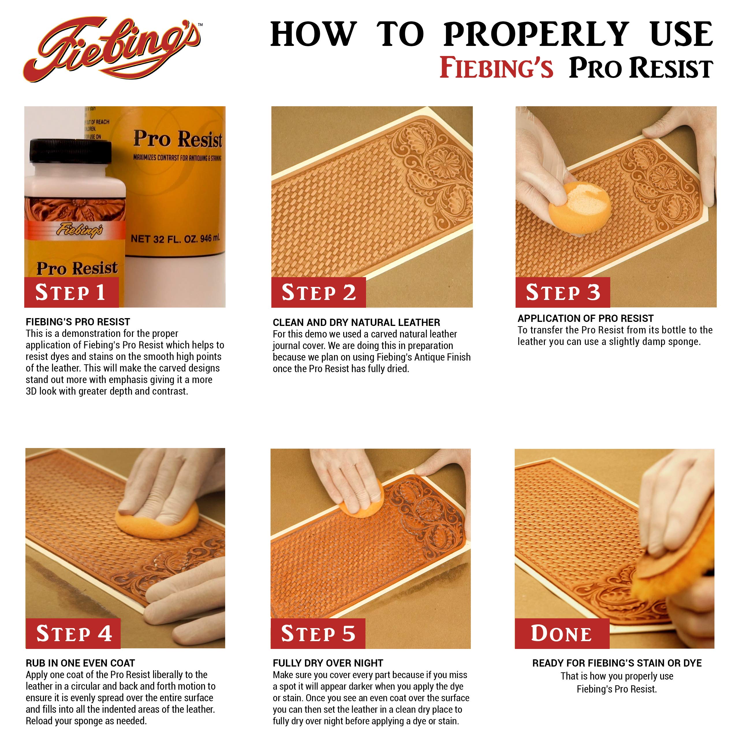 Fiebing's Pro Resist (4 oz) - Maximize Contrast for Antiquing, Staining, Dyeing Leather - Top Finish Resists Moisture, Sun & Dirt - Seal & Protect All Leathercraft, Car, Couch, Furniture, Purses, Boot