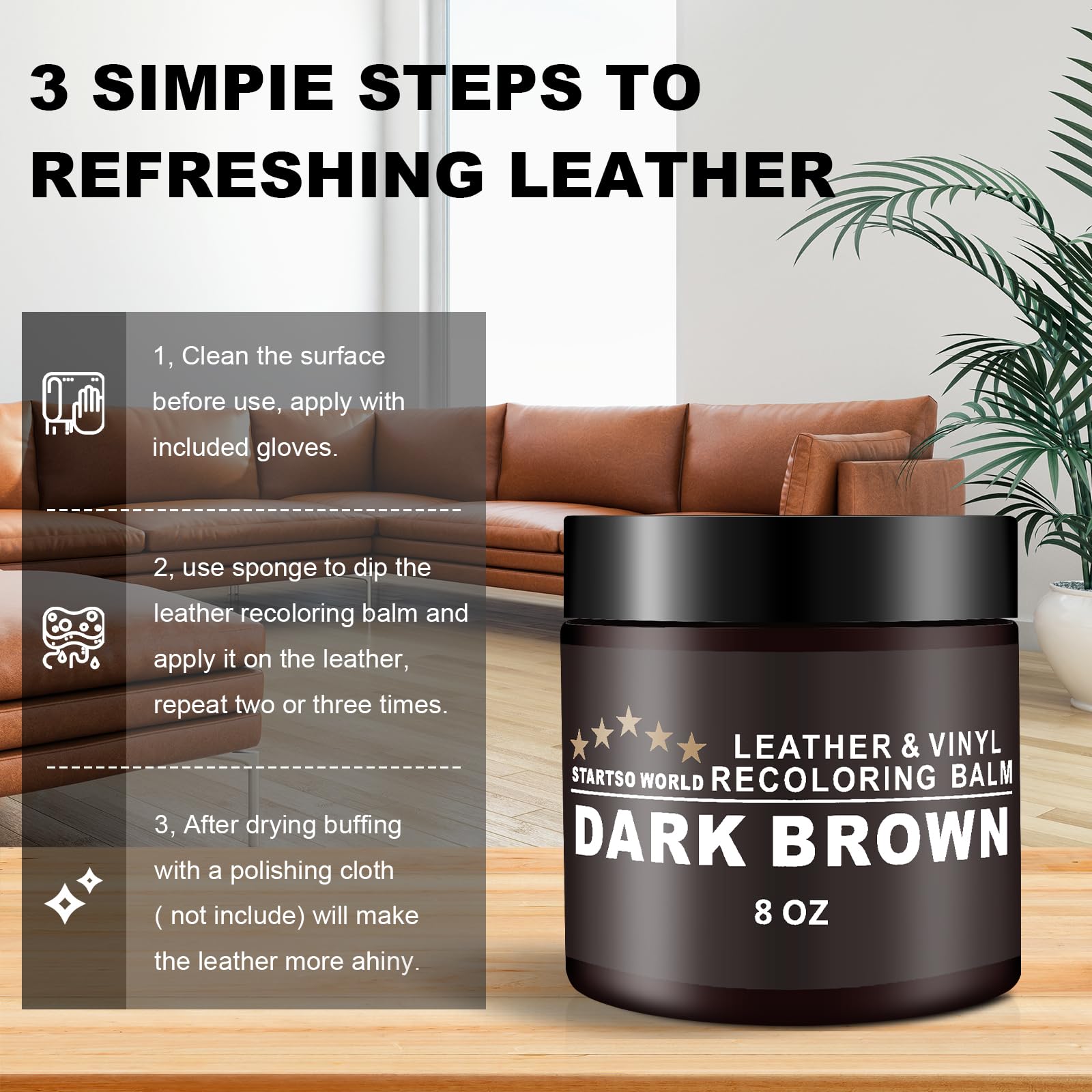 STARTSO WORLD Leather Recoloring Balm, Black Leather Repair Kit for Furniture, Leather Dye, Leather Color Restorer for Couches, Leather Couch Paint | Repair, Restore Faded & Scratched Leather