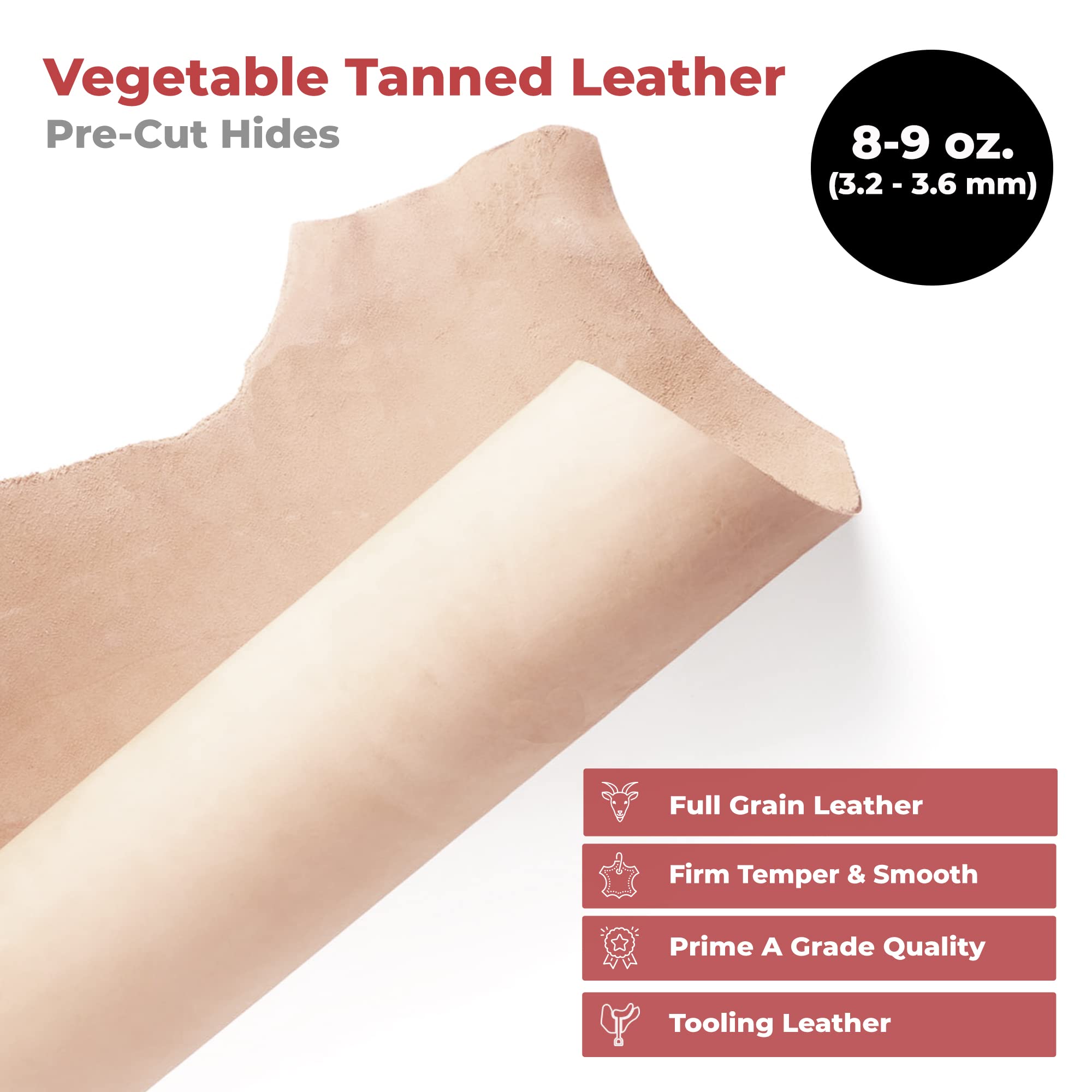 ELW Vegetable Tanned Leather Shoulder Pre-Cut 2.5-4 SQ FT | 8-9 oz. (3.2-3.6mm) Full Grain Leather Cowhide Craft Hobby Workshop Tooling, Repair, Carving, Dyeing, Engraving, Wet Molding