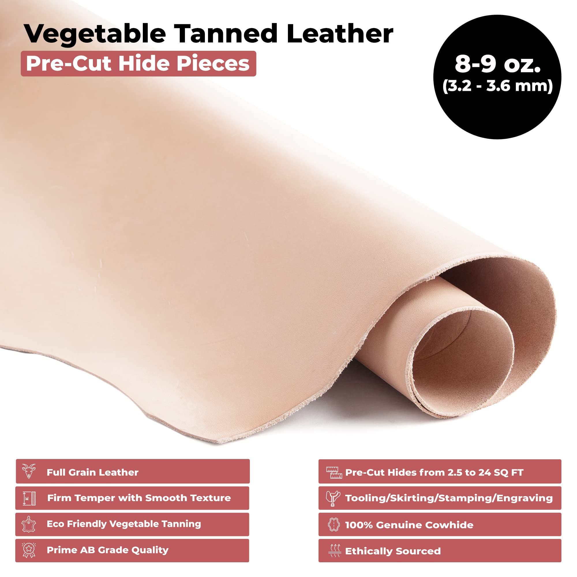 ELW Vegetable Tanned Leather Shoulder Pre-Cut 2.5-4 SQ FT | 8-9 oz. (3.2-3.6mm) Full Grain Leather Cowhide Craft Hobby Workshop Tooling, Repair, Carving, Dyeing, Engraving, Wet Molding