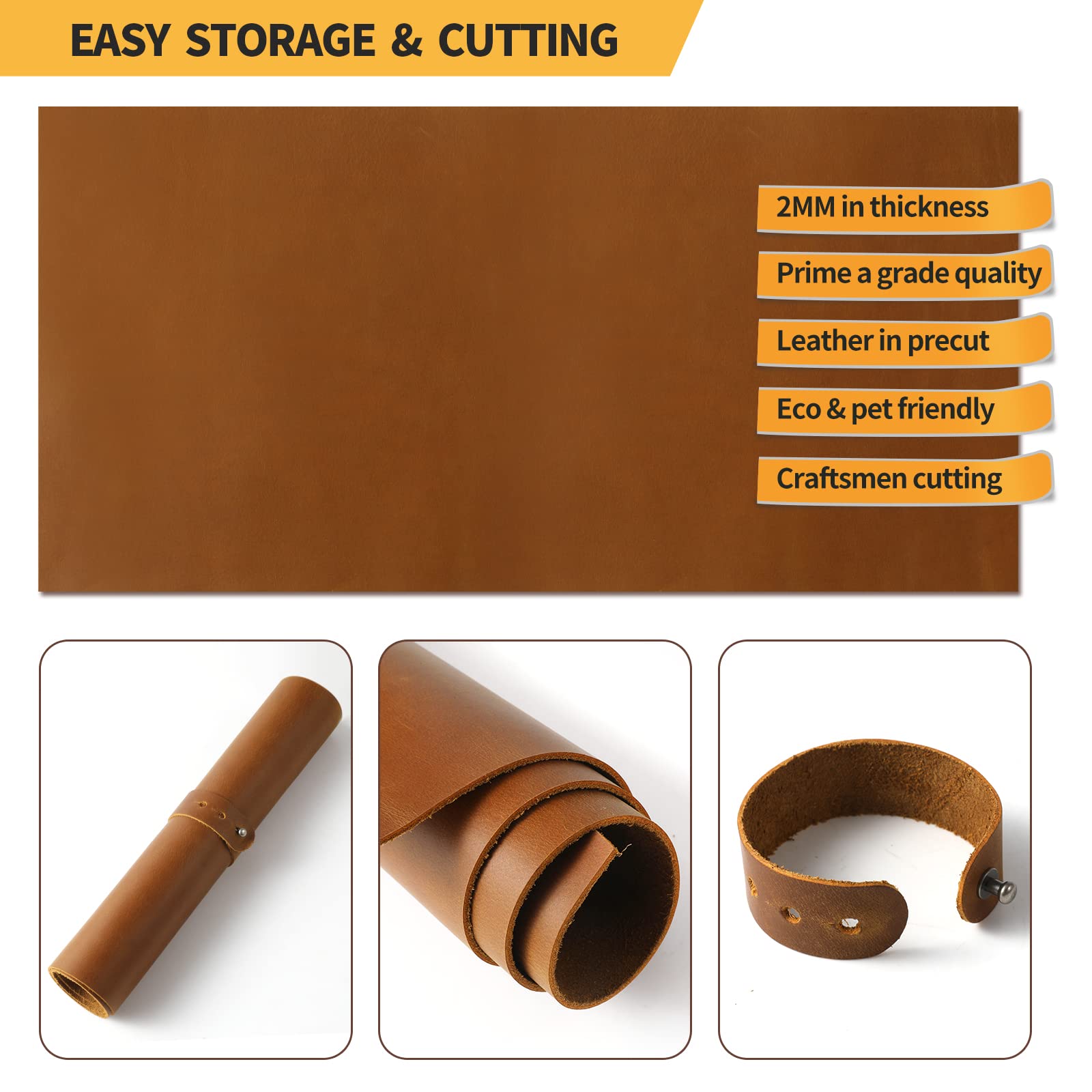 RingSun Bourbon Brown 12''X12'' Leather Sheets for Leather Crafts (2mm), Full Grain Leather Tooling Leather