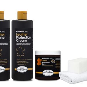 Furniture Clinic Leather Complete Restoration Kit | Includes Leather Recoloring Balm, Leather Cleaner, Protection Cream, Sponge & Cloth | Restores & Repairs (Tan)