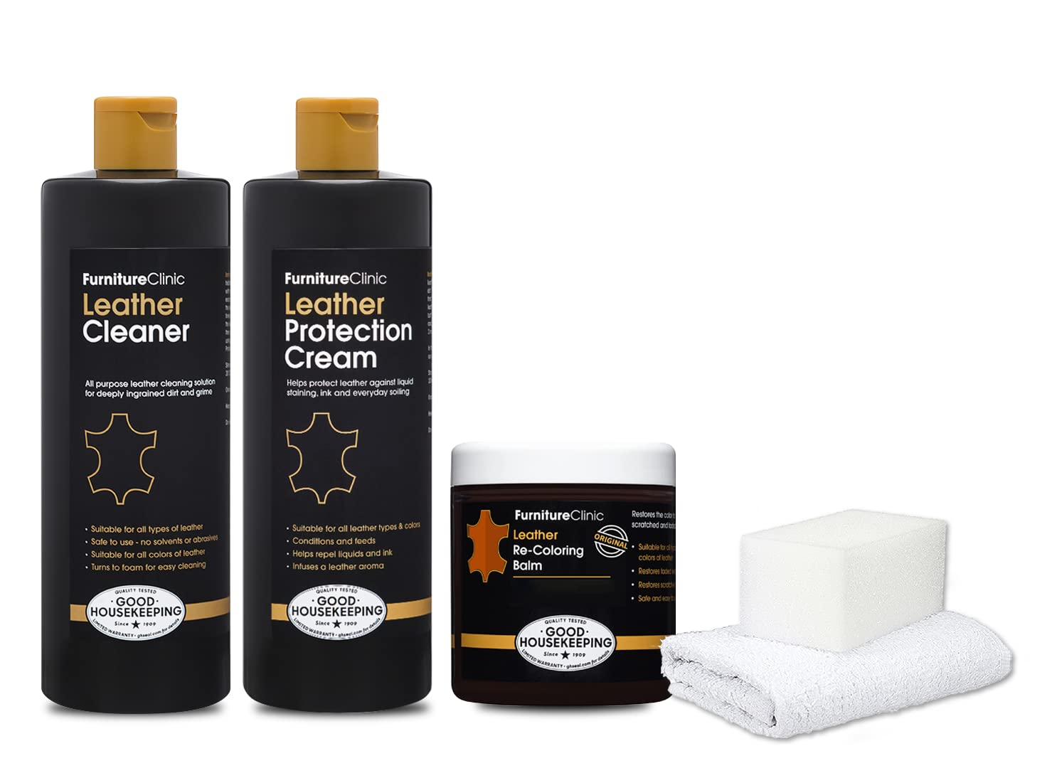 Furniture Clinic Leather Complete Restoration Kit | Includes Leather Recoloring Balm, Leather Cleaner, Protection Cream, Sponge & Cloth | Restores & Repairs (Tan)