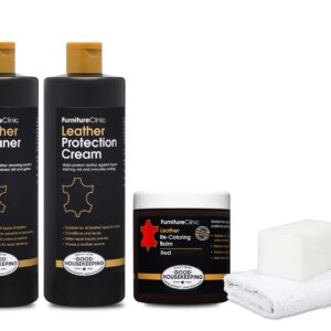 Furniture Clinic Leather Complete Restoration Kit | Includes Leather Recoloring Balm, Leather Cleaner, Protection Cream, Sponge & Cloth | Restores & Repairs (Red)