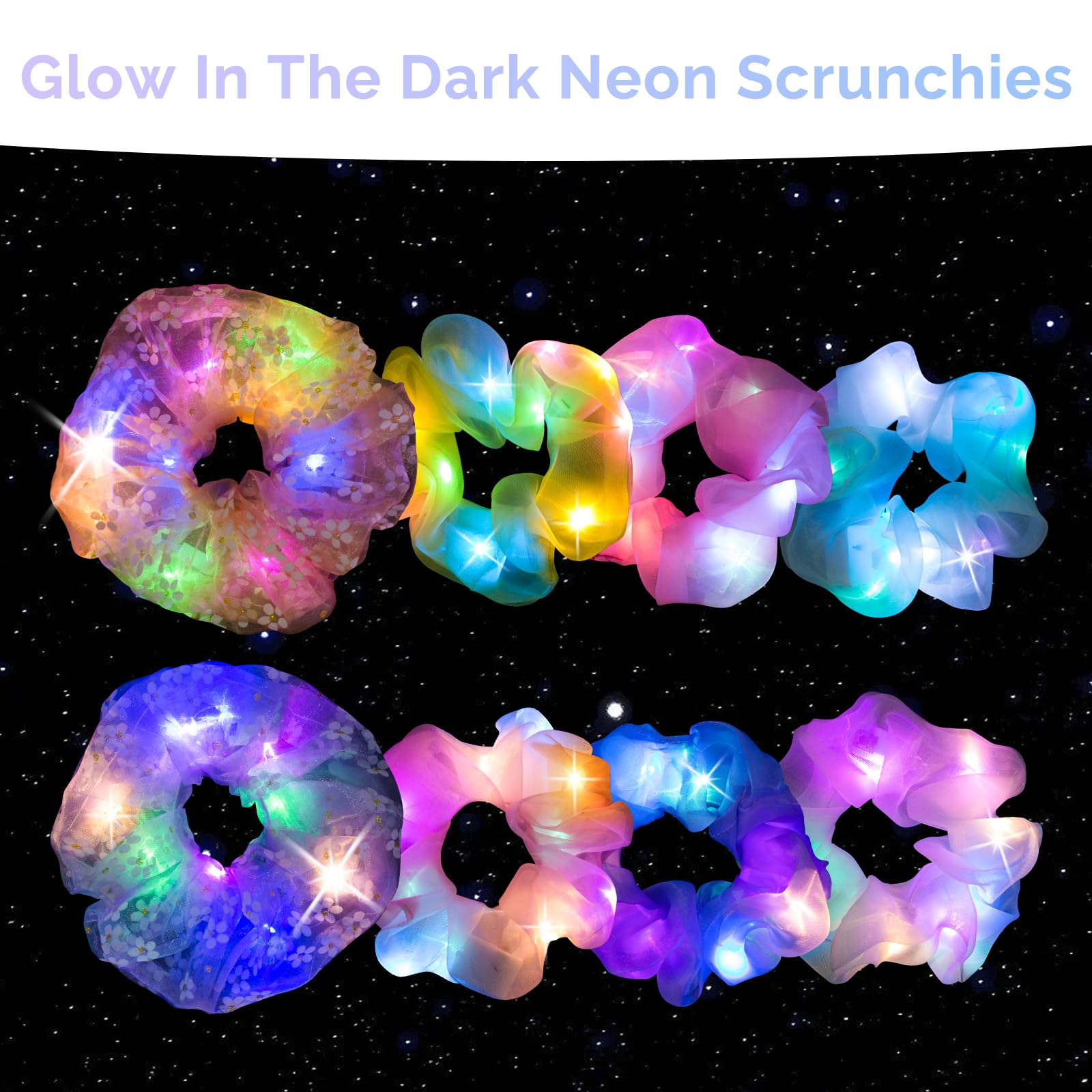 8 Pcs LED Scrunchies for Women - Scrunchy, Light Up Scrunchies for Girls, Colorful Yarn Hair Tie Multi Light Modes, Glow in the Dark Hair Accessories for Christmas Rave Party (#01)