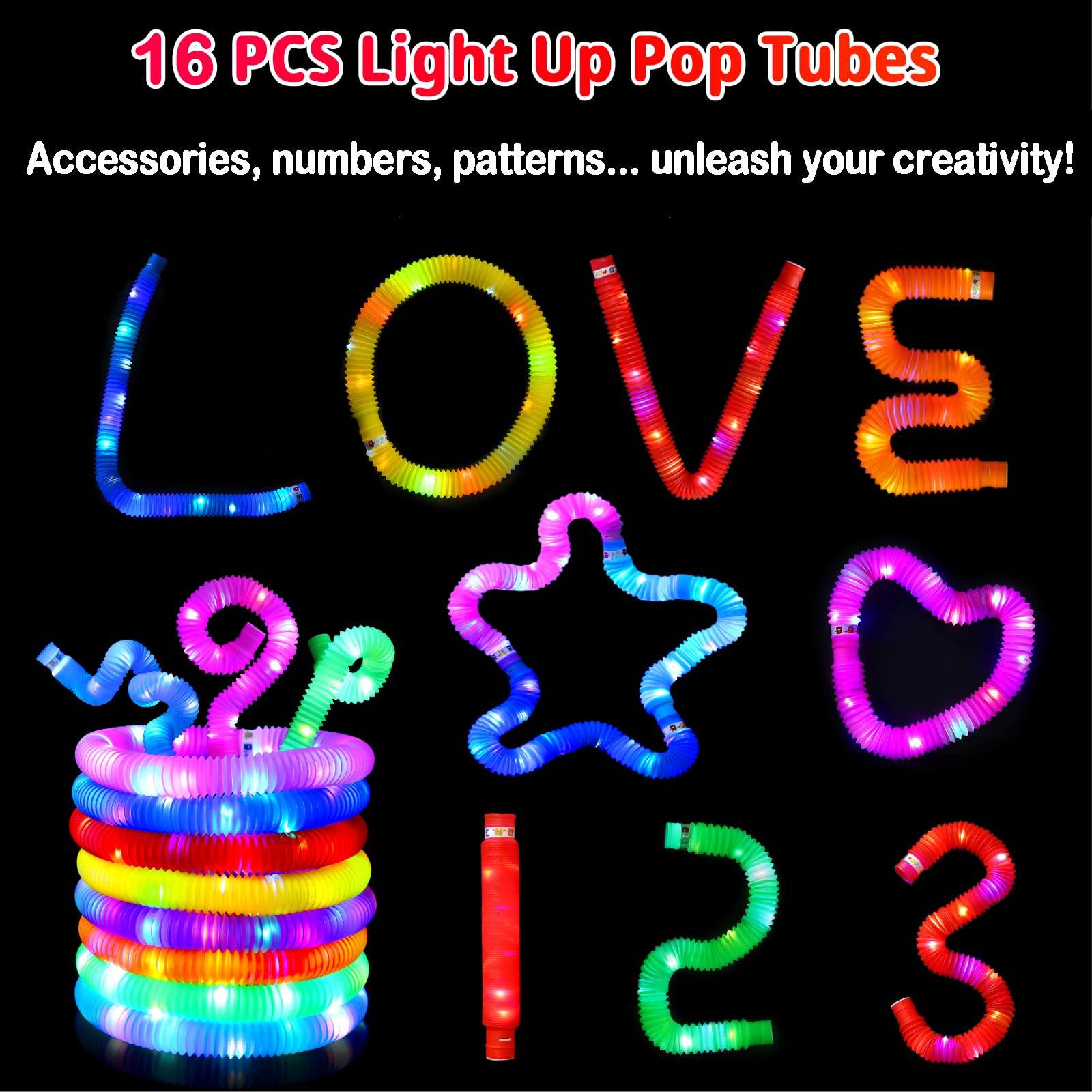 Glow Sticks - 16Pcs Light Up Pop Tubes Party Favors for Kids 4-8-12, 224 LED Glow in the Dark Party Supplies 2024 Graduation Glow Party, Glow Sticks Bulk for Kids Toys Prizes Carnival 4th of July