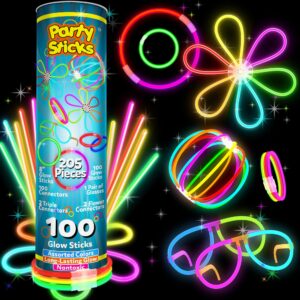 PartySticks Bulk Party Supplies 205 Piece Glow in The Dark 100 Glow Sticks with Eye Glasses, Bracelets, and Connectors