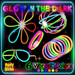 PartySticks Bulk Party Supplies 205 Piece Glow in The Dark 100 Glow Sticks with Eye Glasses, Bracelets, and Connectors