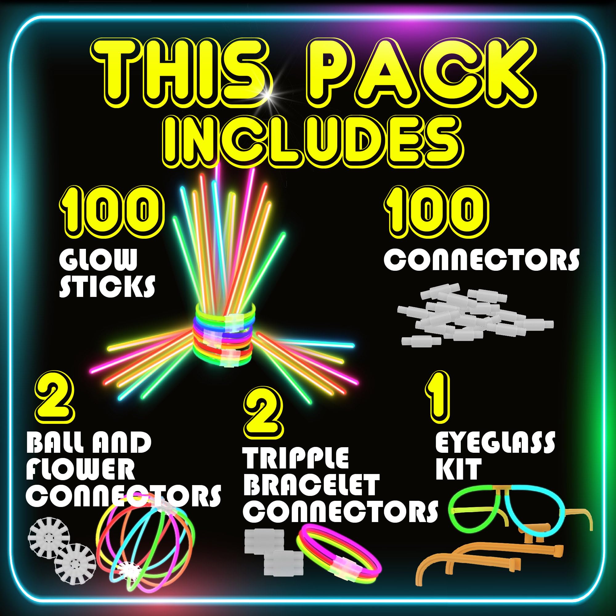 PartySticks Bulk Party Supplies 205 Piece Glow in The Dark 100 Glow Sticks with Eye Glasses, Bracelets, and Connectors
