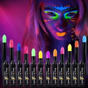 12 color glow in the black light face & body paint,uv neon glow fluorescent face paint crayons for halloween club makeup xmas glow party