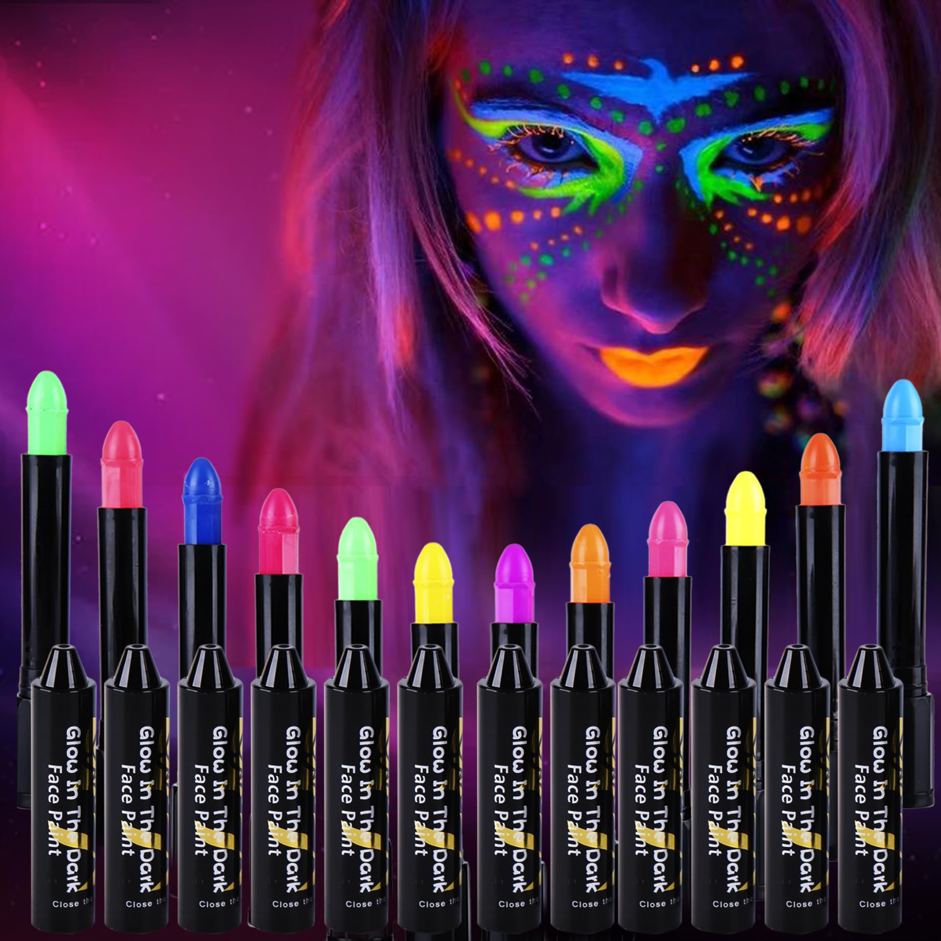 12 Color Glow in The Black Light Face & Body Paint,UV Neon Glow Fluorescent Face Paint Crayons for Halloween Club Makeup Xmas Glow Party