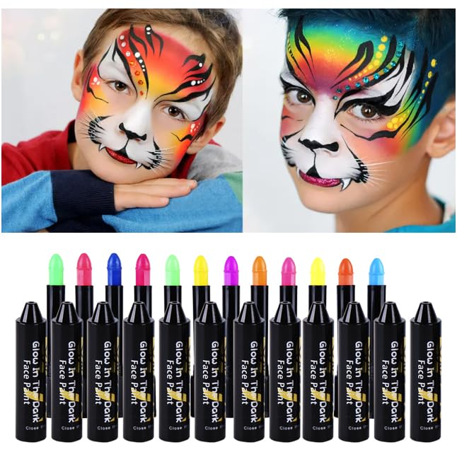 12 Color Glow in The Black Light Face & Body Paint,UV Neon Glow Fluorescent Face Paint Crayons for Halloween Club Makeup Xmas Glow Party