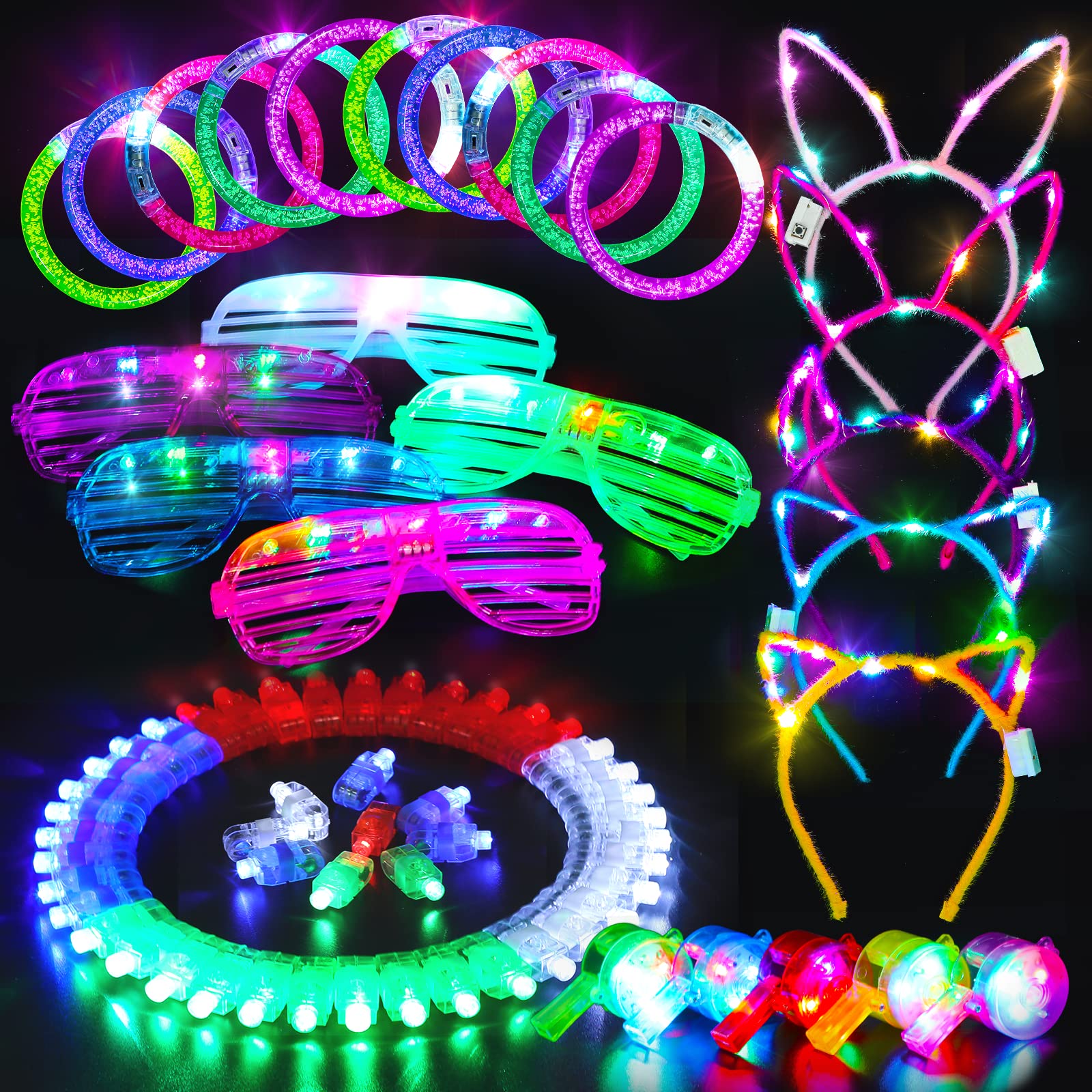 Fabeto Light Up Glow Party Supplies 65 Pack New Year Eve LED Glow In The Dark Birthday Neon Party Favors Accssories for Kids Adults, 5 Glasses 10 Bracelets 5 Headbands 5 Necklaces 40 Finger Lights