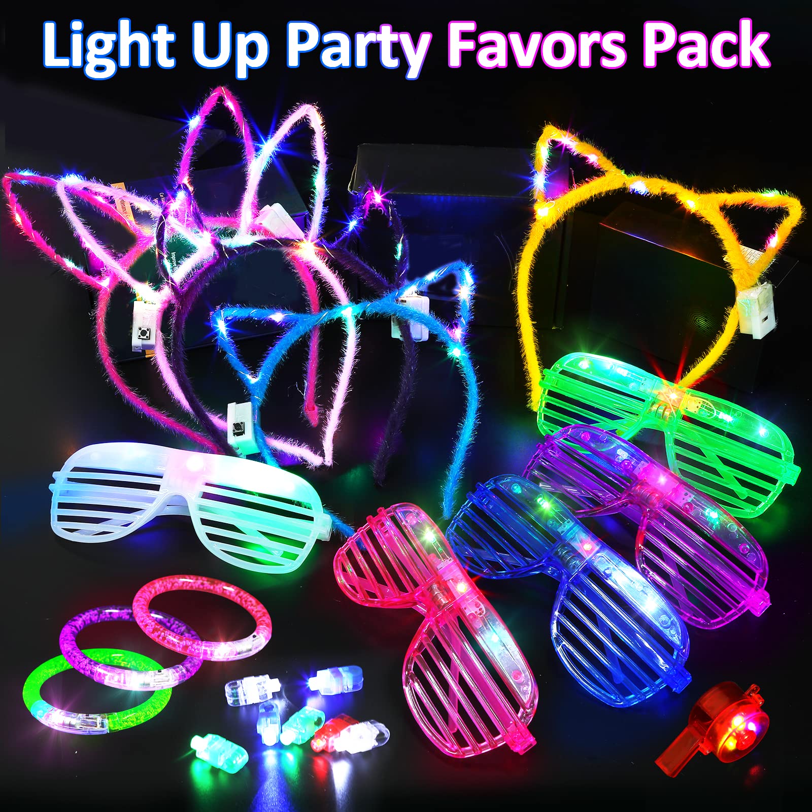 Fabeto Light Up Glow Party Supplies 65 Pack New Year Eve LED Glow In The Dark Birthday Neon Party Favors Accssories for Kids Adults, 5 Glasses 10 Bracelets 5 Headbands 5 Necklaces 40 Finger Lights