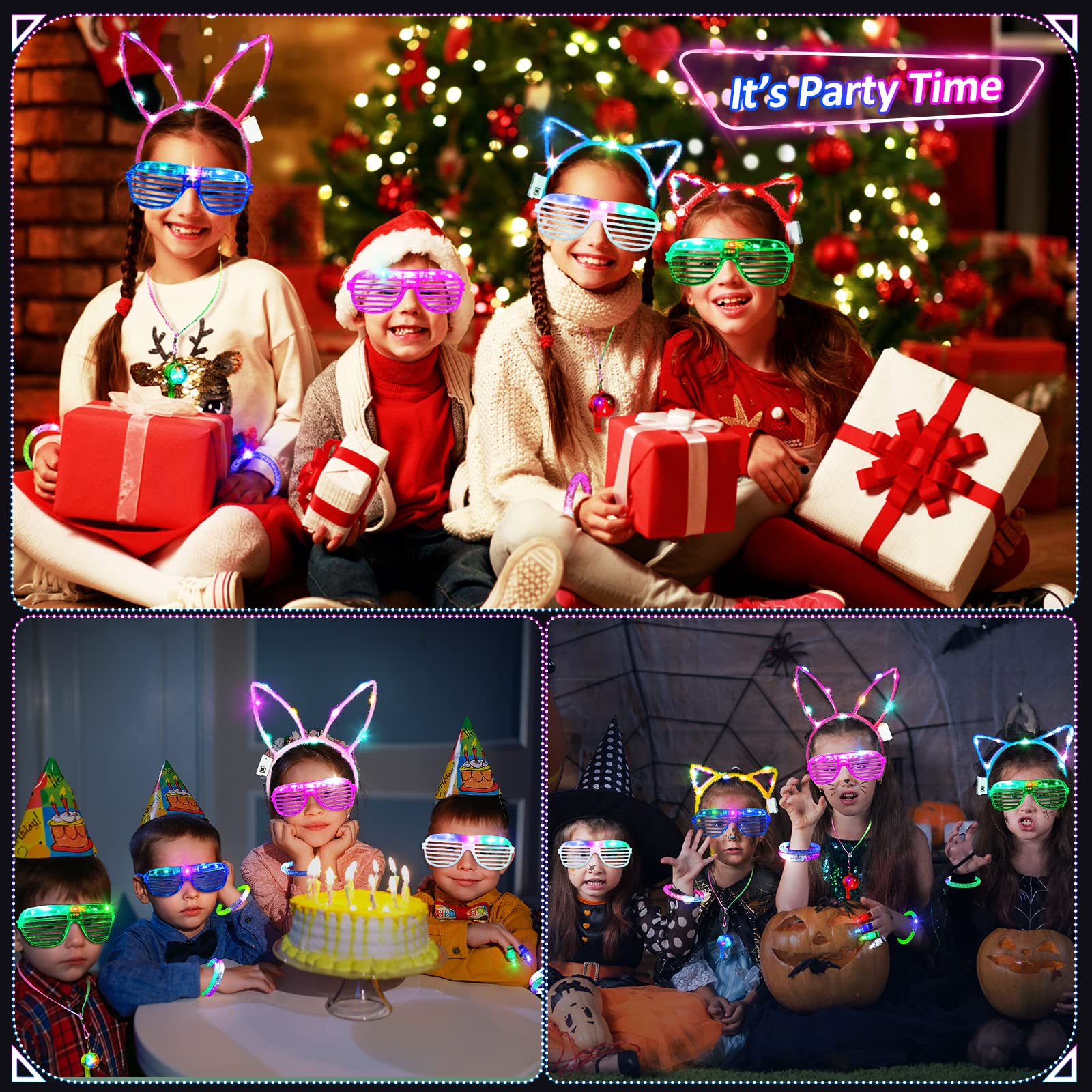 Fabeto Light Up Glow Party Supplies 65 Pack New Year Eve LED Glow In The Dark Birthday Neon Party Favors Accssories for Kids Adults, 5 Glasses 10 Bracelets 5 Headbands 5 Necklaces 40 Finger Lights