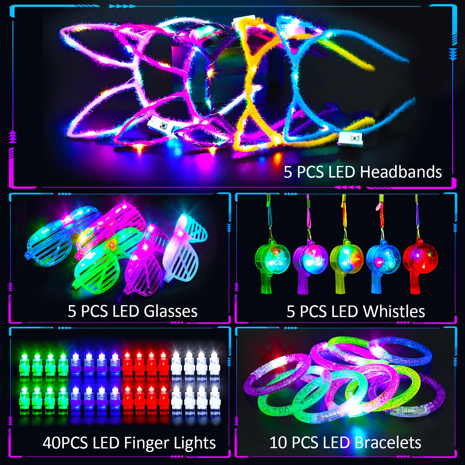 Fabeto Light Up Glow Party Supplies 65 Pack New Year Eve LED Glow In The Dark Birthday Neon Party Favors Accssories for Kids Adults, 5 Glasses 10 Bracelets 5 Headbands 5 Necklaces 40 Finger Lights