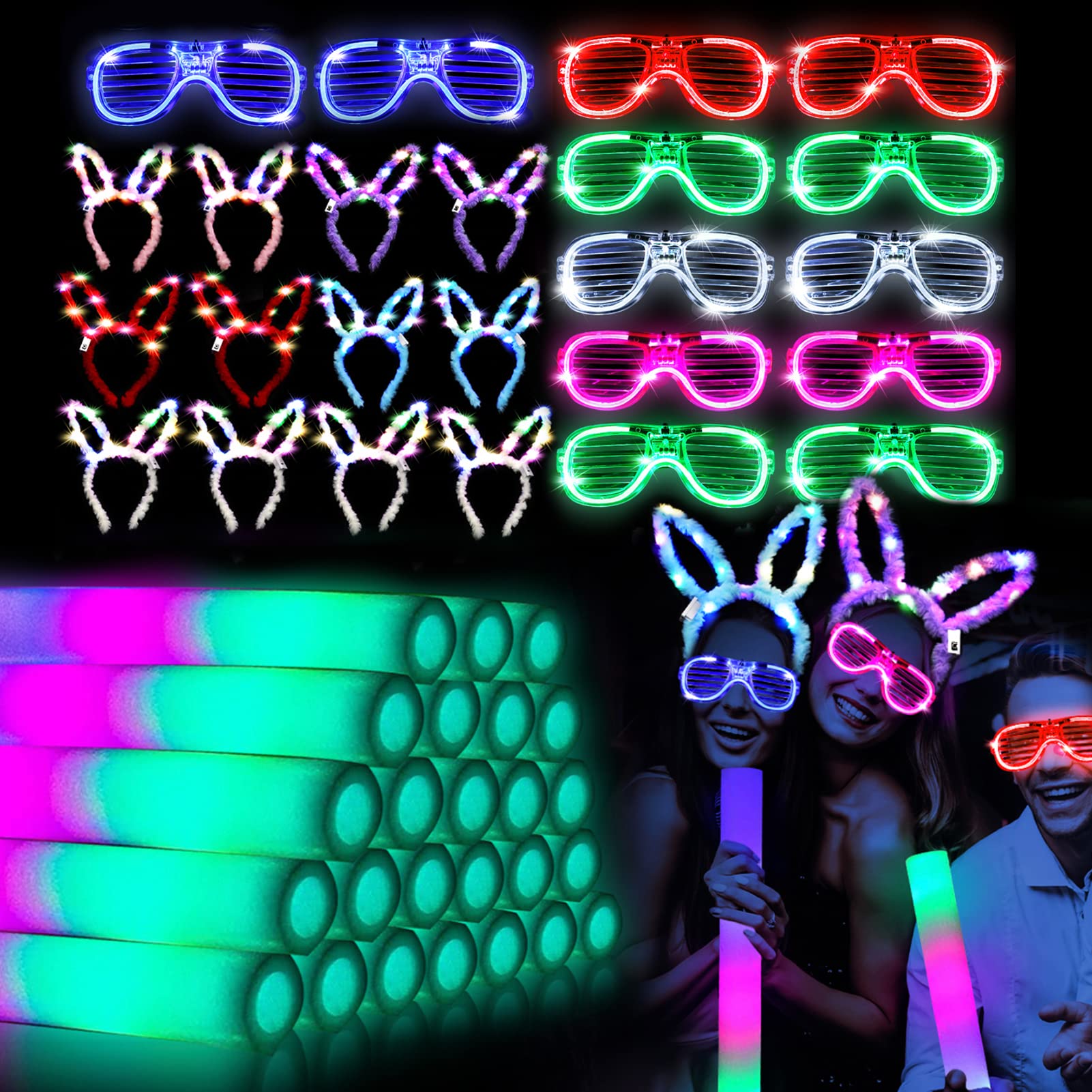 Kisure 48PCS Glow in the Dark Party Supplies, Wedding Light Up Party Favors - 24pcs 16" Foam Glow Sticks, 12pcs LED Glasses and Bunny Ear Headband for Halloween Concert Carnival Birthday Neon Party