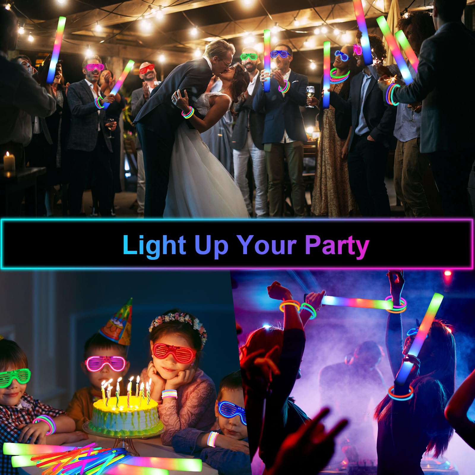 SHQDD 248 PCS Glow Party Supplies, 24 PCS Foam Glow Sticks, 24 PCS LED Glasses and 200 PCS Glow Sticks Bracelets, Neon Party Favors for Glow Party, Wedding, Concert, Raves and Birthday